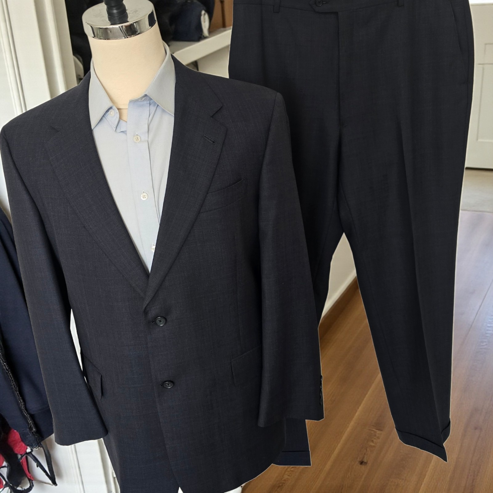 Hart Schaffner Marx Suit 43r 37x32 Gold Trumpeter Slate Blue Glenplaid Tailored 