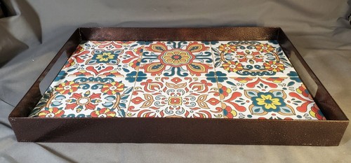 Vintage Pier 1 Imports Metal & Ceramic Tile Serving Tray, EUC - Picture 4 of 11