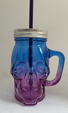 Skull Glass Shaped Mason Jam Jar Novelty Drinking Glass With Straw Lid Purple