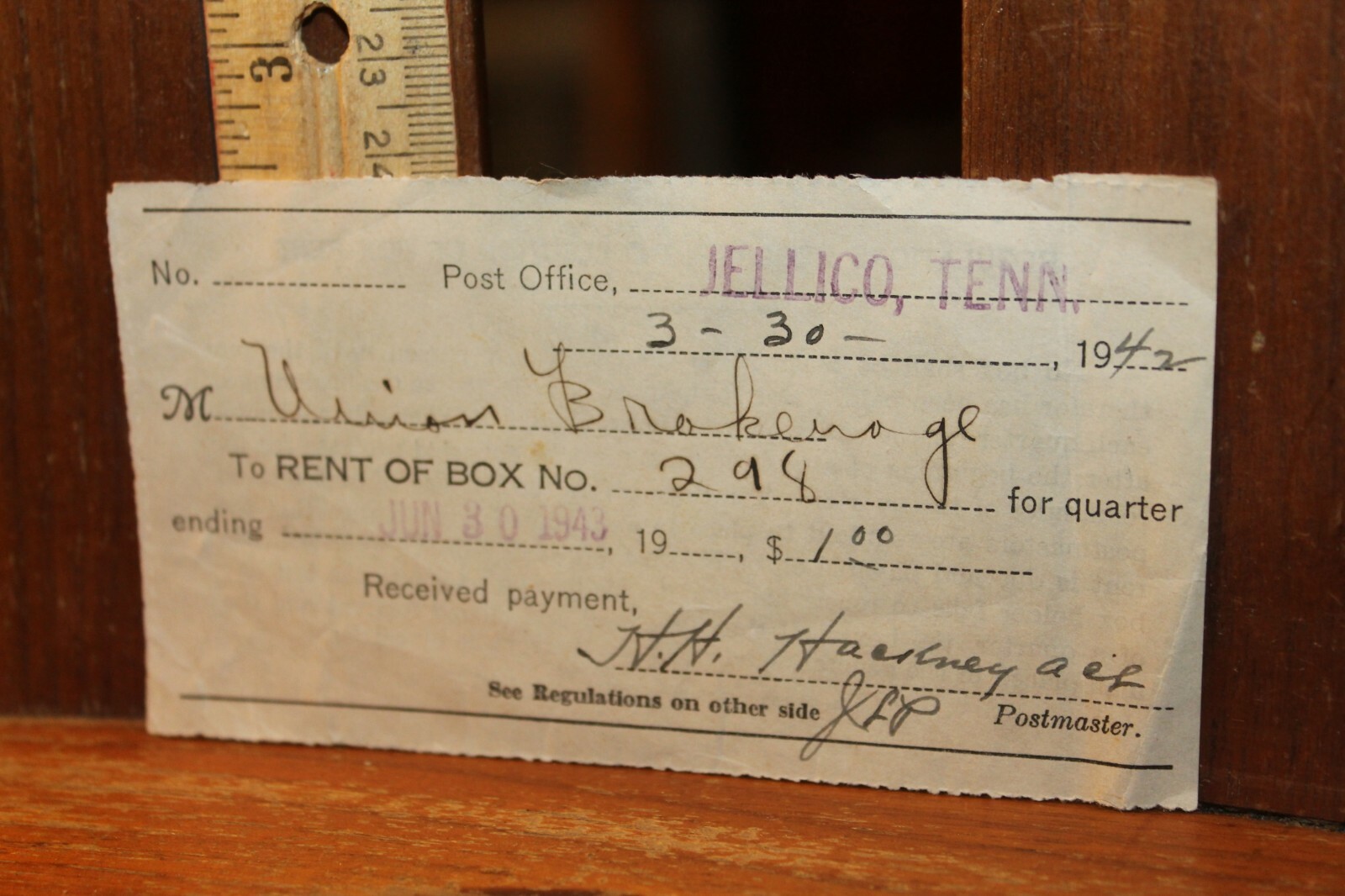 1942 1943 Post Office Box Rental Receipt Jellico Tenn Tennessee eBay