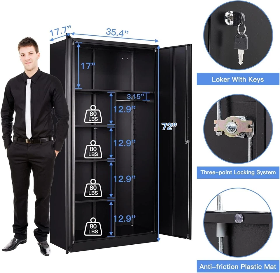 Armario de metal armario armario armario 72" acero bloqueable armario de almacenamiento negro Foto 3 de 4