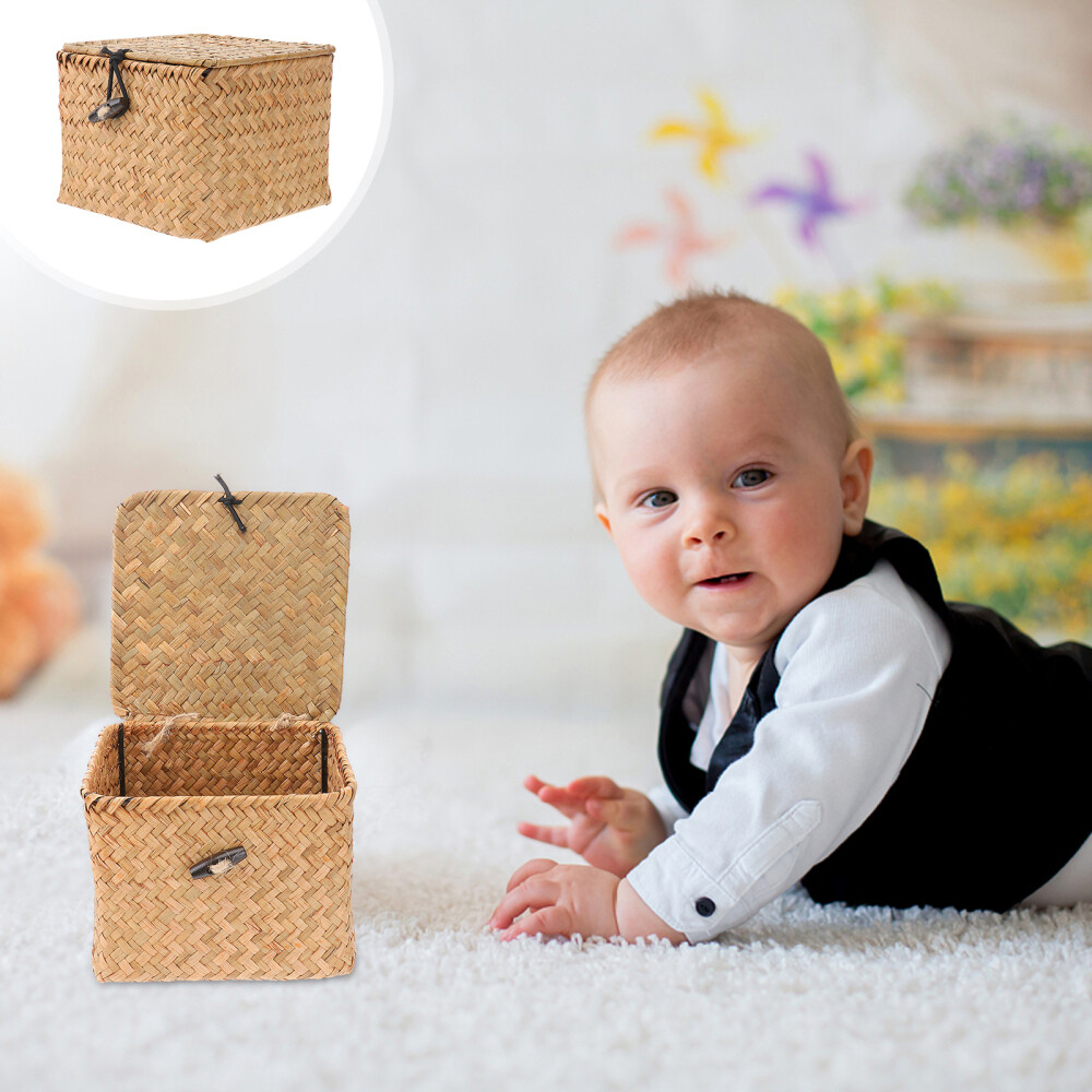 Wicker Storage Baskets with Lids Cube Vintage Home Decor Small Bins Bride-image