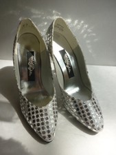 VTG 80s Sliver High Heel Shoes SZ 8 Disco Ball Sequin Spangles Dancing Queen