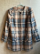 Checked Tartan Jacket Coat Brown Mix Wool Blend Uk 12 14