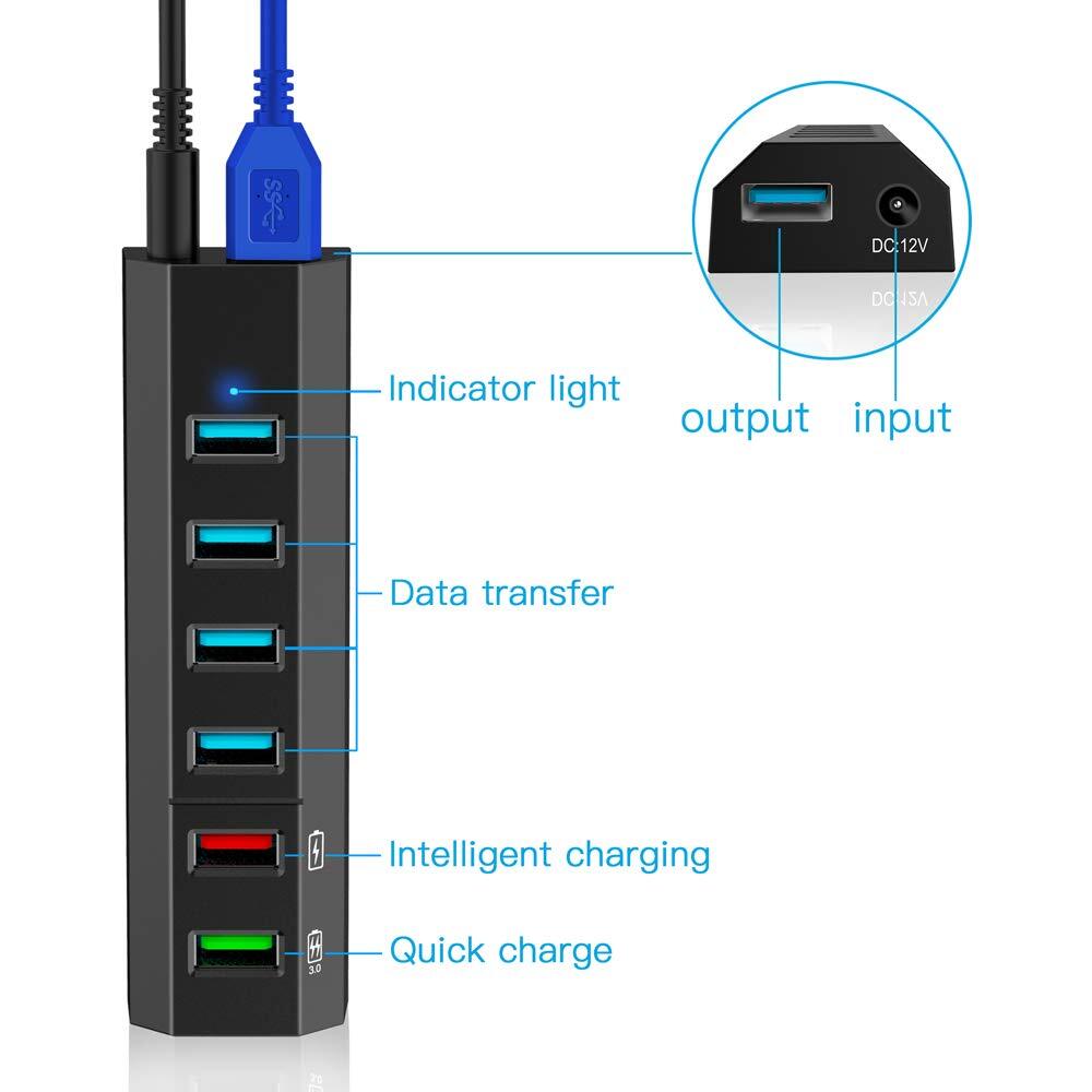 Aiibe 6-Port USB 3.0 Hub with 24W Power Adapter - High-Speed Data Transfer