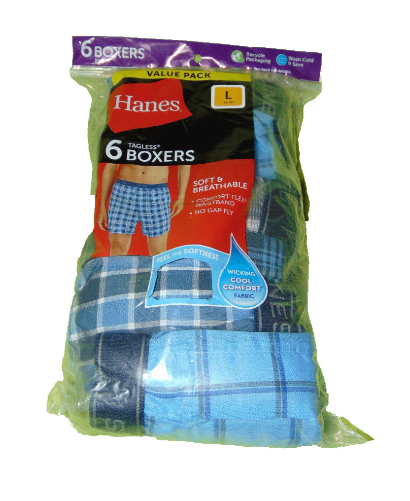 Hanes Tagless Boxer Shorts Large 36-38 Men New 6 Pack