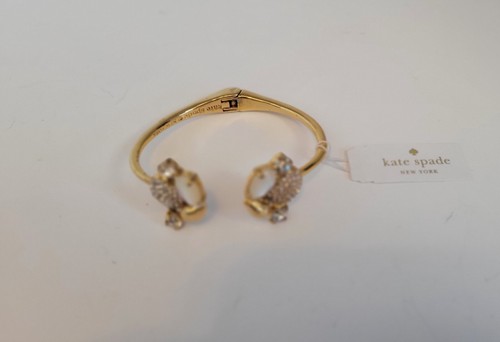 NWT KATE SPADE 12K Gold Plated Open Hinge Bangle Bracelet Rhinestones Shell - Picture 3 of 6