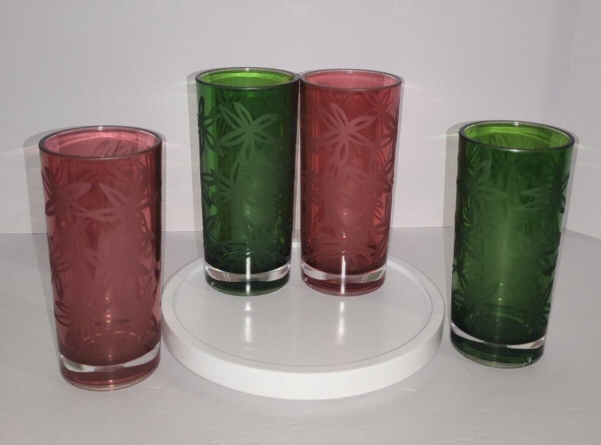 Starbucks Vintage 4 Cranberry Glass Floral Juice Drinking Glasses Red / Green