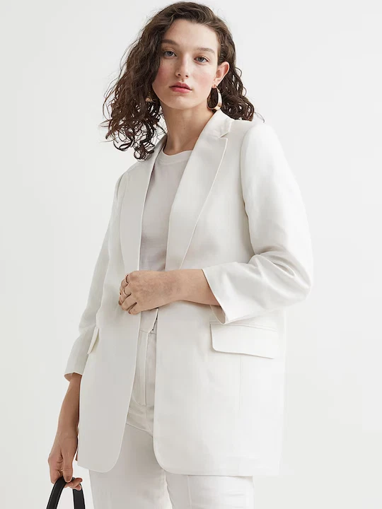 Blazer informal blanco manga larga tendencia lana merino de diseñador premium para mujer Foto 4 de 4