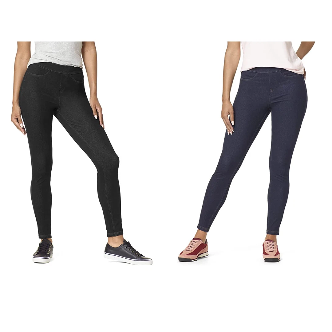 NEW HUE Women's Curvy Fit Essential Denim Leggings With Pockets Black/Blue