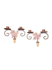 Metal Fall Maple Leaf Pair Of Wine Bottle Cork Taper Candle Holders 6"X7.5"X2.5"