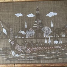 Mid Century Painting On Silk Thailand Royal Barge Temple Burnished Bamboo 20x16