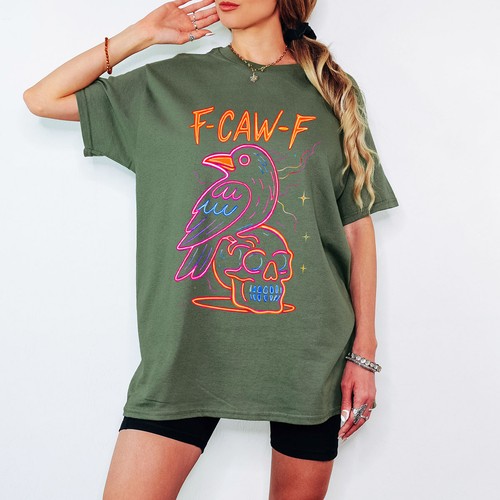 F-Caw-F Crow Crows Animals Womens T-Shirt Neon Skull - Picture 9 of 12
