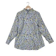 Lands End 100% Supima Cotton Shirt Top 18W White Multi Floral Long Sleeve