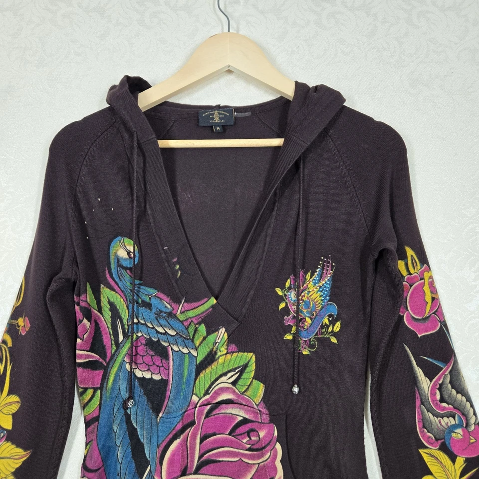De Colección Christian Audigier Sudadera con Capucha Suéter M Marrón Cremallera Pavo Real Gráfico Tachonado Foto 2 de 4