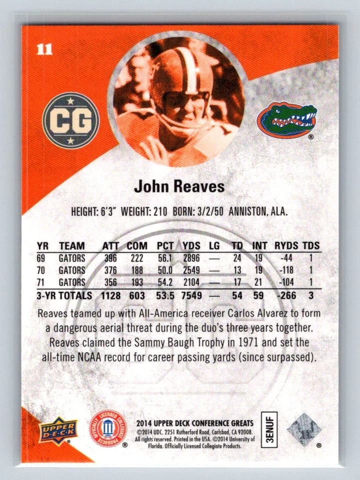 John Reaves 2014 Upper Deck Conference Greats #11 Florida Gators - Image 2 of 2