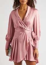 Zimmermann Washed Silk Satin Dusty Pink Mini Wrap Dress Long Sleeves Size 4 L