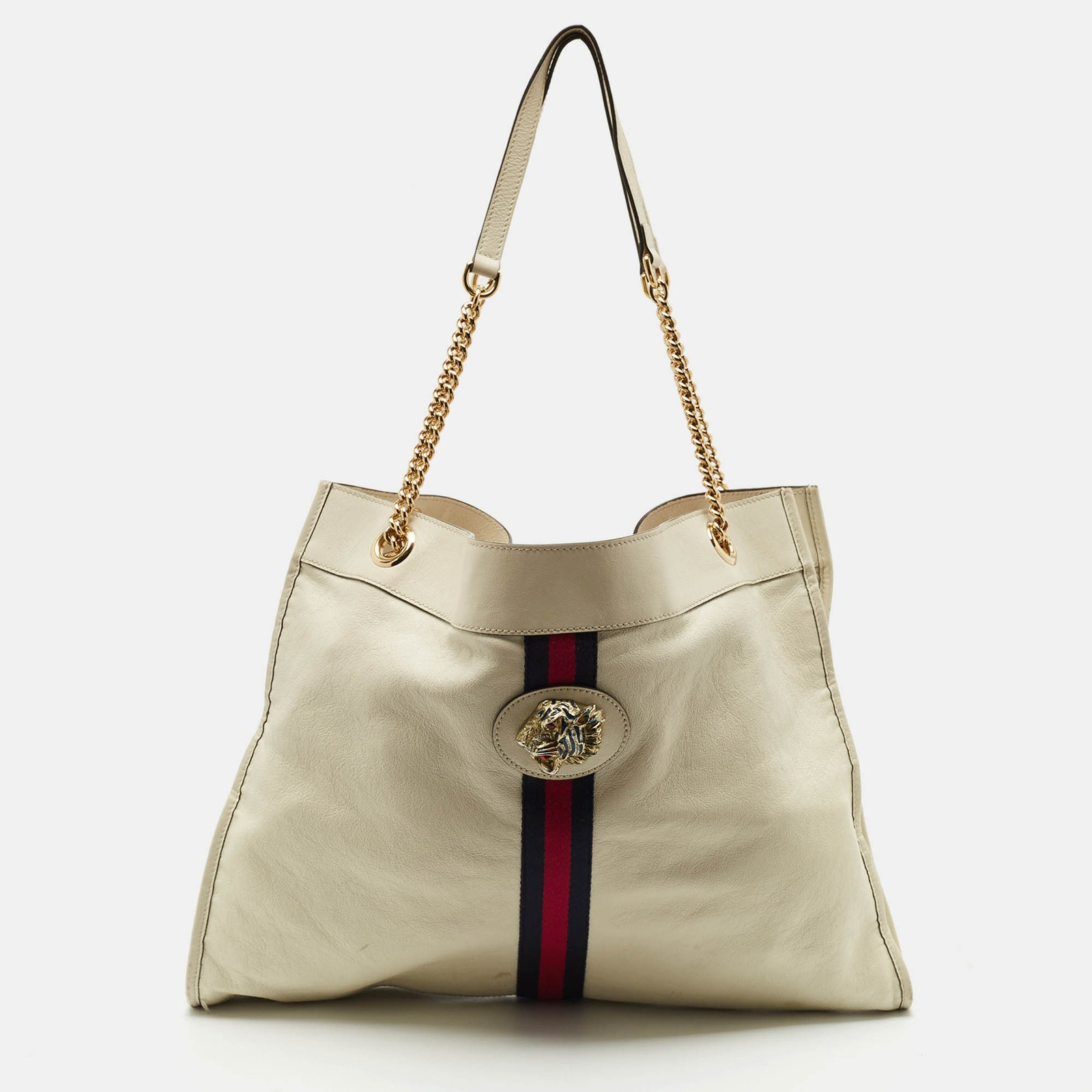 Gucci Off White Leather Large Web Rajah Tote Bag with Signature Detail