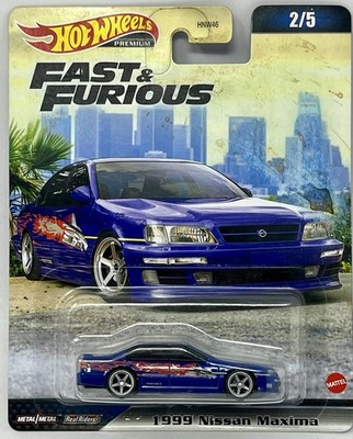 Hot Wheels Premium Fast & Furious 2/5 Blue 1999 Nissan Maxima Damaged Card