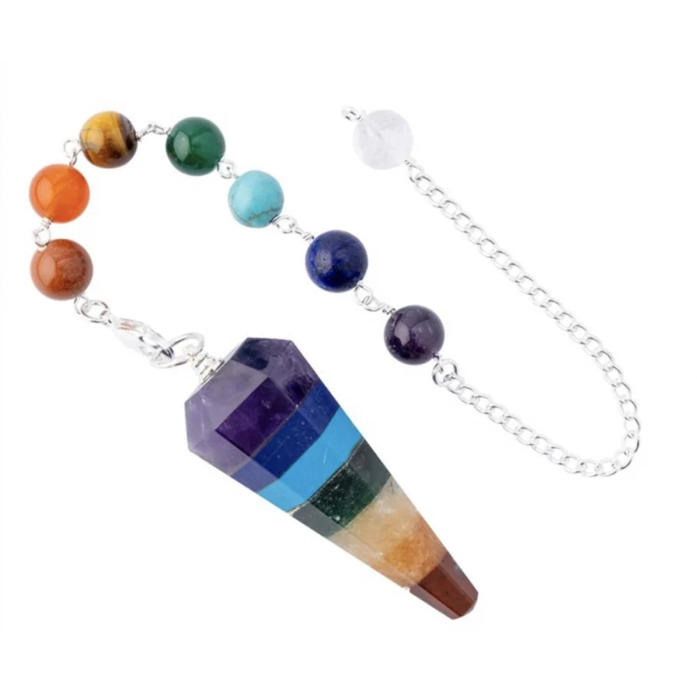 Seven Chakra Rainbow Healing Crystal Pendulum 4cm - Silver Chakra Beaded Chain