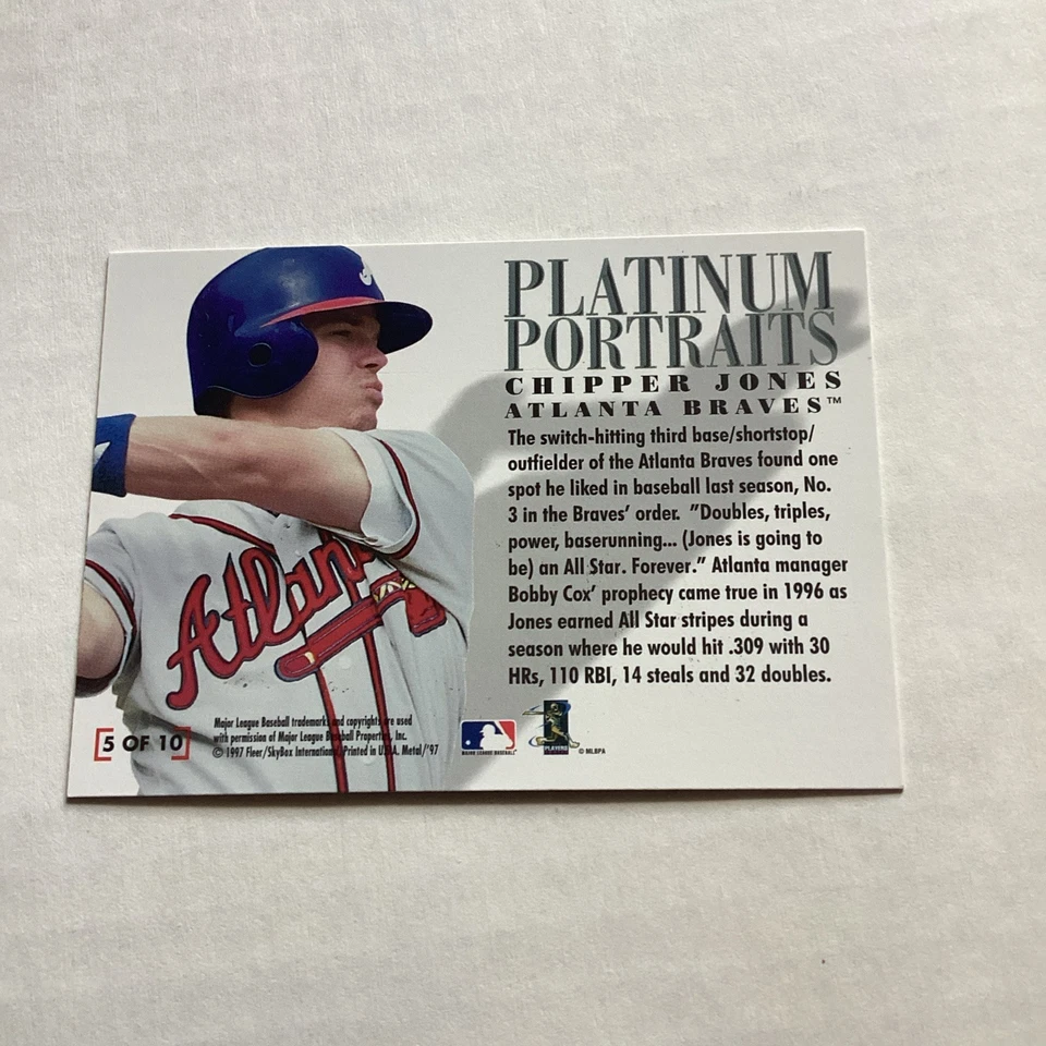 1997 Skybox Metal Universe Chipper Jones Platinum Portraits No. 5 Atlanta Braves - Image 2 of 4