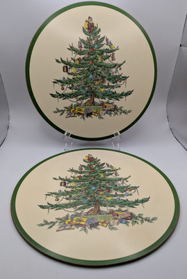 Set of 2 Spode Christmas Tree 10'' Round Cork Back Hot Plates Pimpernel England