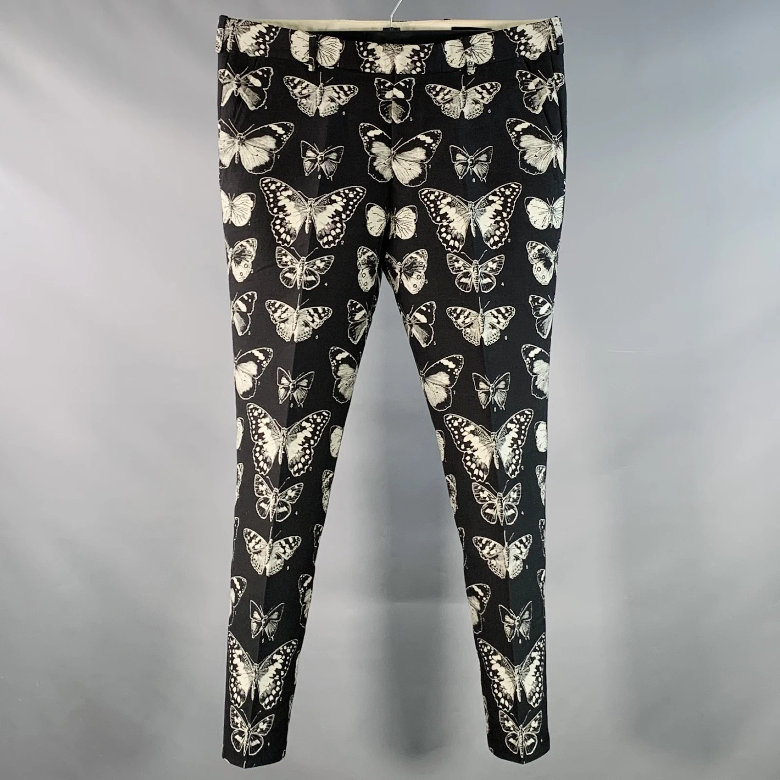 Pantaloni eleganti ALEXANDER MCQUEEN taglia 38 nero grigio farfalla misto lana cotone