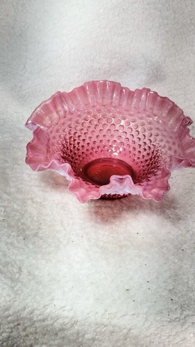 Vintage Fenton Cranberry Glass Opalescent Hobnail Ruffled Bowl - Picture 15 of 24