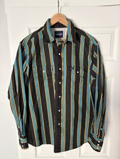Wrangler Snap Brushpopper Western Cowboy Mens L Shirt Black Turquoise Mustard