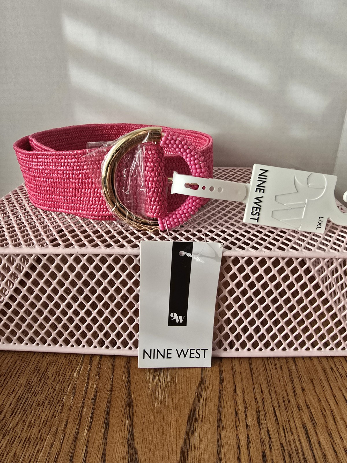 Nine West L/XL Hot Pink Stretch Belt NWT Pink Beaded & Gold Buckle