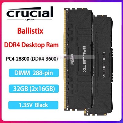 Crucial Ballistix 32GB 2x16GB PC4-28800 DDR4-3600 MHz Memory 288-pin 1.35V Black