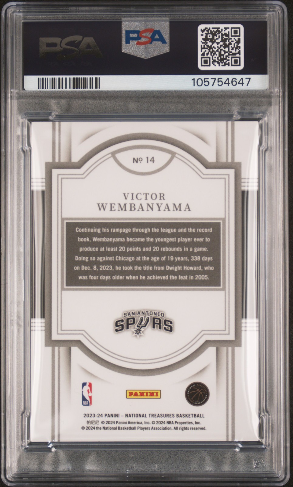 2023 NATIONAL TREASURES INTERNATIONAL #14 VICTOR WEMBANYAMA 22/33 PSA 8 view 2