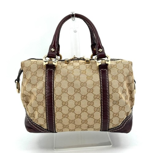 GUCCI GG Canvas Mini Boston Bag Beige Burgundy Leather Studded Handbag