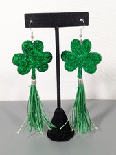 St Patricks Day Shamrock Earrings Green Glitter Foam Tassel Long Pierced