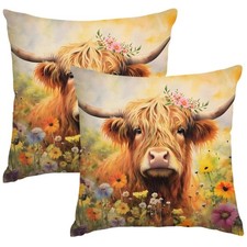 Highland Cow Flower Pillow Covers 18x18 Inch Set of 2 Print Throw Pillow Cove...
