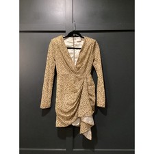 Miss Circle Asymmetrical Leopard Metallic Mini Dress Long Sleeve V Neck Brown S