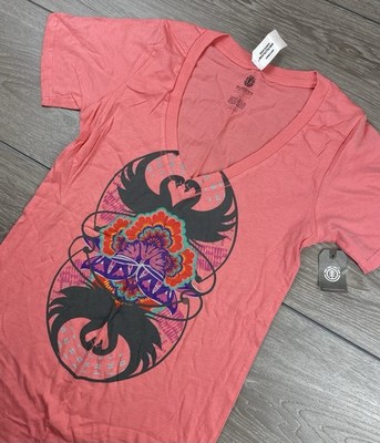 Element Women s V Neck Illustrated Graphic Tee Pink Large New