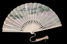Antique Handpainted Silk Fan With Carvings And Mt. Fuji