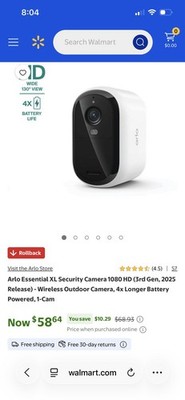 4 Arlo Ess. XL Sec. Camera 1080HD 3rd Gen2025 Wireless Outdoor 4x Long Batt. Pow