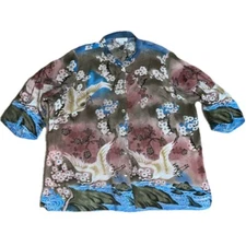 Citron Santa Monica Asian Floral Mandarin Notch Collar Silk Kimono Blouse 3X