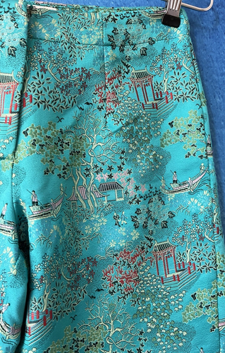 MODA INT’L Women’s Turquoise Multi Print Japanese Scene Silky Pants Stretch 4 - Picture 6 of 13