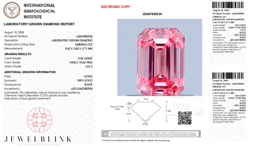 IGI Certified 0.56 Carat Fancy Vivid Pink VVS2 Emerald Cut CVD Lab Grown Diamond - Picture 5 of 18