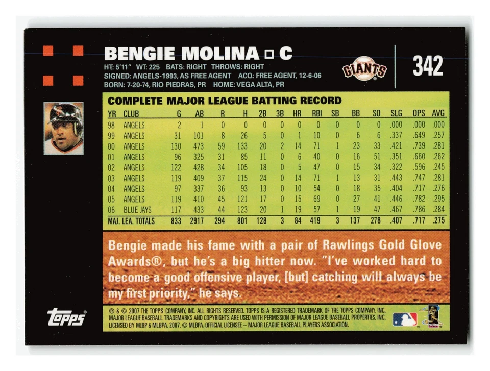 Bengie Molina 2007 Topps #342 San Francisco Giants NM-MINT - Image 2 of 2
