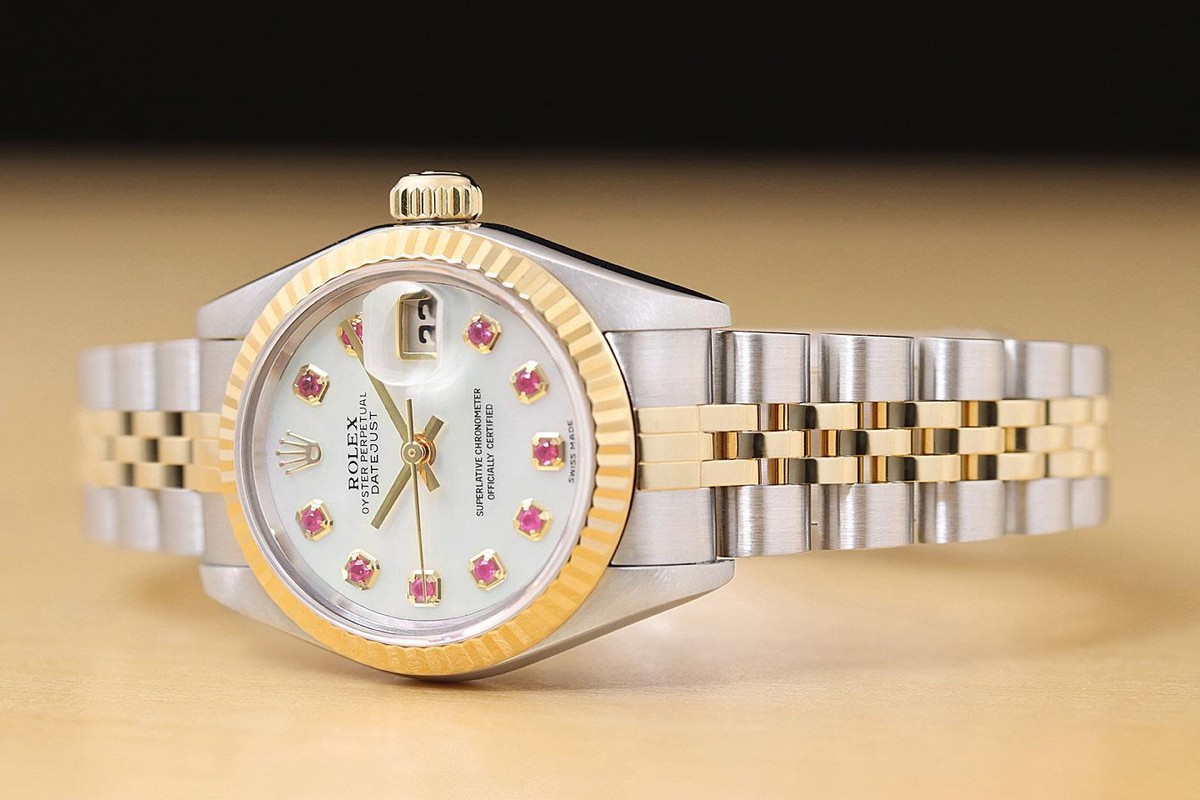 ROLEX LADIES DATEJUST 79173 MOTHER OF PEARL RUBY DIAL 18K GOLD SS
