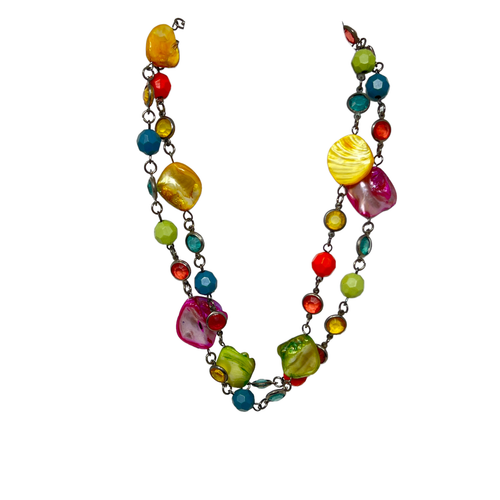 Crystal and Shell Necklace Neon Multi Color Died Seashell Lucite Beads Statement