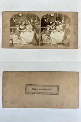 Tirage Stéréo Vintage Vers 1880 - Fillettes Lisant Un Livre, Format 8,5x17 Cm, Original