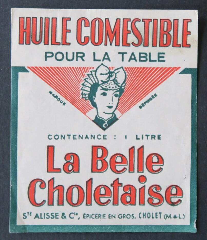 Etiqueta antigua ACEITE LA BELLA CHOLETAISE etiqueta de aceite de chocolate