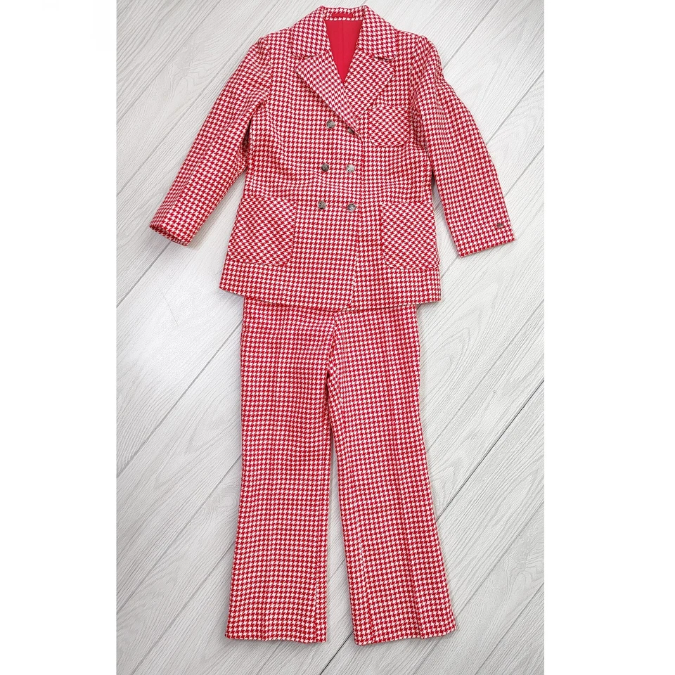 Traje Pantalón Vintage Años 70 Pata de Gallo Niño Rojo Blanco Chaqueta Pantalones Acrílico Japón 13 Foto 4 de 4