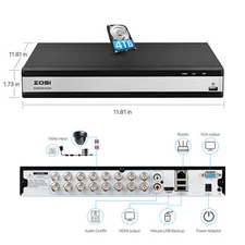 ZOSI 16 Channel H.265+ 1080p DVR Hard Drive 4TB for Security Camera System Home