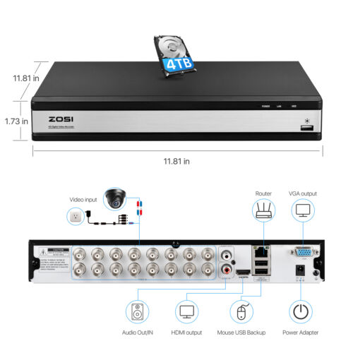 ZOSI 16-kanałowy dysk twardy rejestratora H.265 + 1080p 4 TB do systemu kamer bezpieczeństwa Dom - Zdjęcie 1 z 6